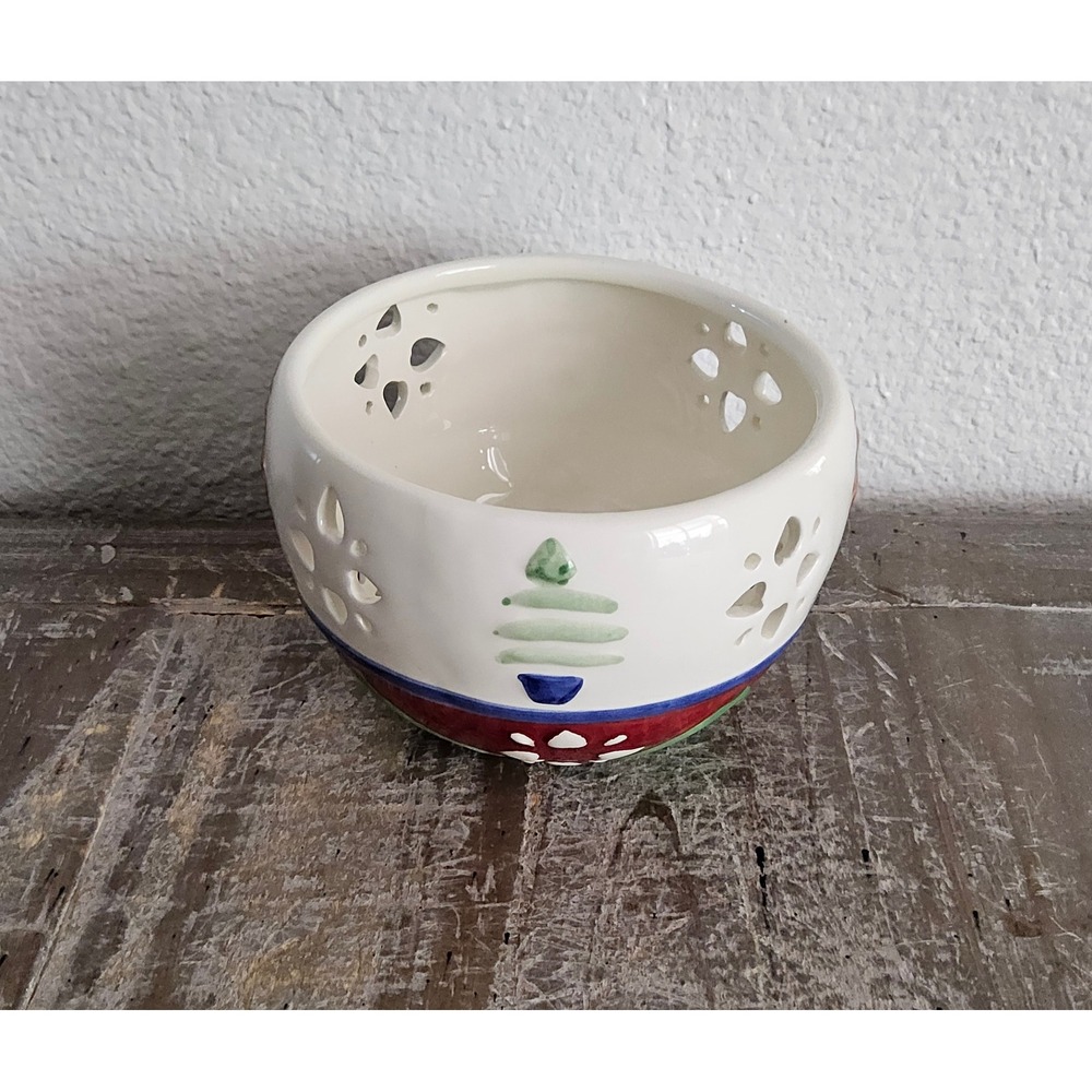 Pfaltzgraff Candle Holder Votive Bowl Small Cream Christmas Reindeer Pierced